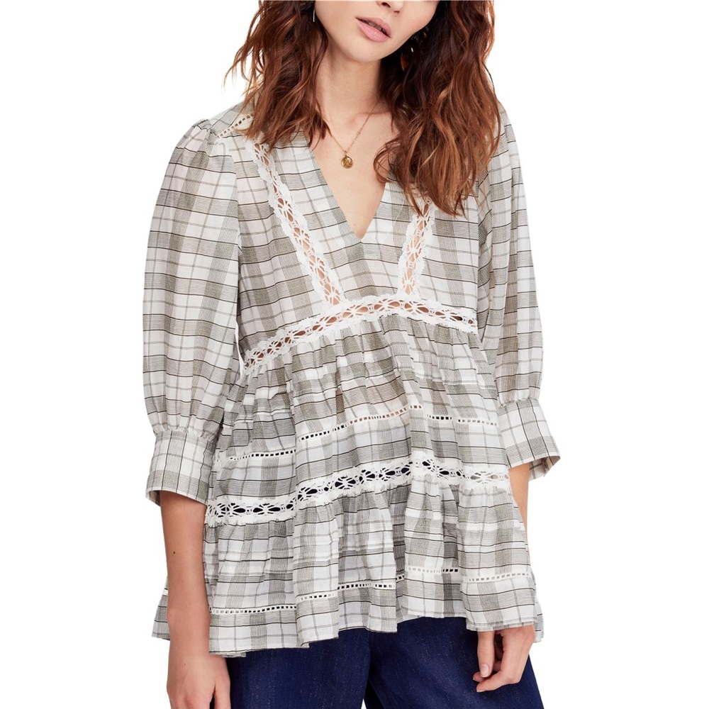 Free People Gray Time Out Checkered Lace Tunic